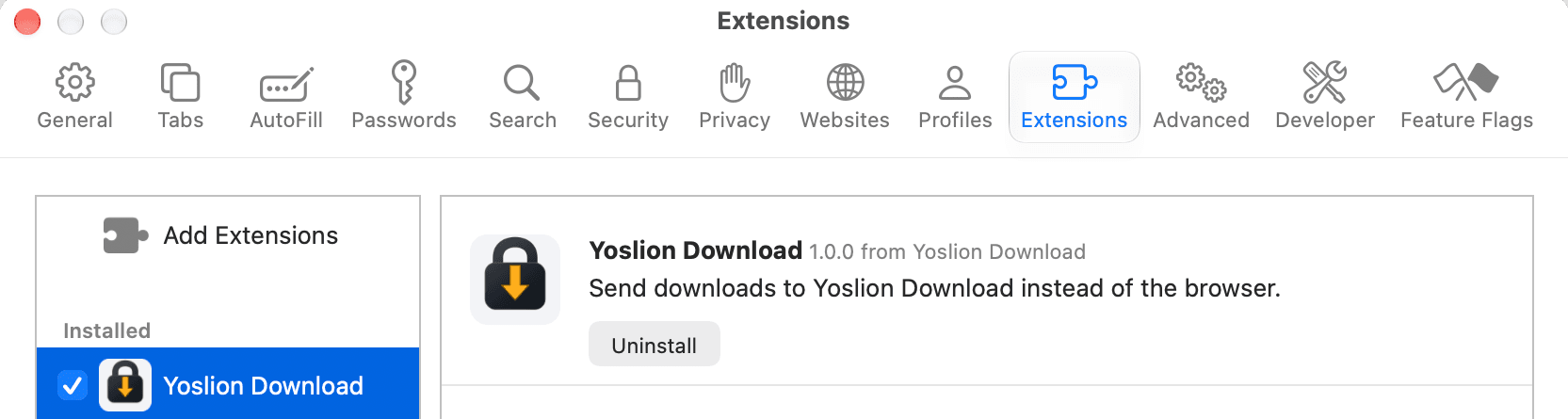 Safari's Extensions settings on macOS with Yoslion Download selected in the sidebar and its checkbox switched on.