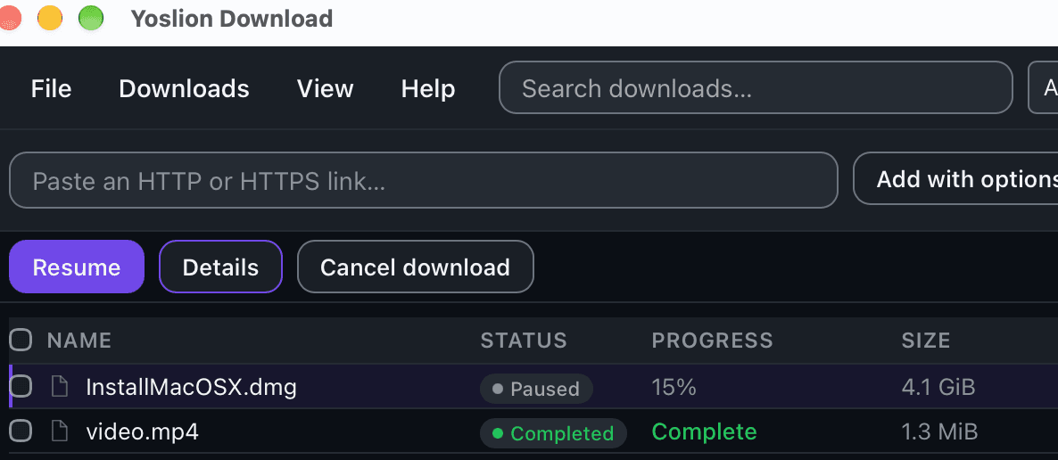 The Yoslion Download transfer list on macOS, showing the InstallMacOSX disk image with the status Paused at 15 percent and a Resume button beside it.