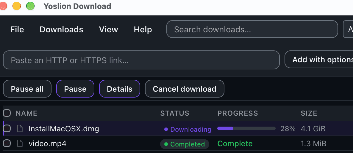 The same transfer list entry for the InstallMacOSX disk image, now showing the status Downloading at 28 percent.