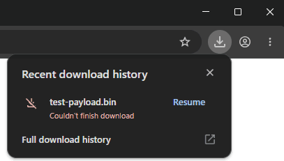 Chrome's recent download history bubble showing test-payload.bin with the text Couldn't finish download and a Resume link beside it.